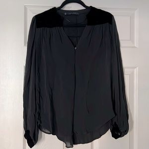 ZARA - WOMANS L BLACK SHEER SILK LIKE LONG SLEEVE VELVET TRIM FLOWY BLOUSE EUC